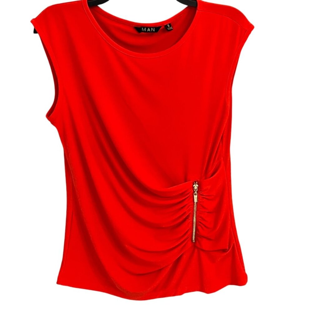 Red Cap Sleeve Drape Top With Gold Zipper Accent - S